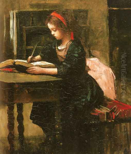 Fillette a l'etude, en train d'ecrire Oil Painting by Jean-Baptiste-Camille Corot