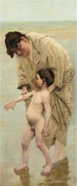 Mother And Child Taking A Bath At The Seashore Oil Painting by Virginie Demont-Breton