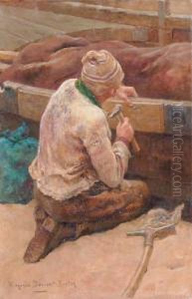 Mending The Boat Oil Painting by Virginie Demont-Breton