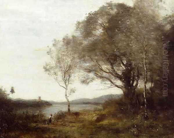 Strolling along the Banks of a Pond Oil Painting by Jean-Baptiste-Camille Corot