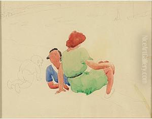 Two Women And A Child On The Beach Oil Painting by Charles Demuth