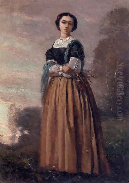 Portrait of a Standing Woman Oil Painting by Jean-Baptiste-Camille Corot