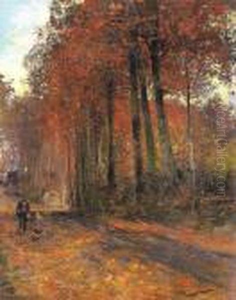 Landweg Met Twee Figuren Oil Painting by Gustave Den Duyts