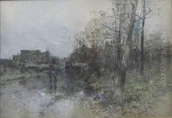 Figures On A Rainswept Road Oil Painting by Gustave Den Duyts