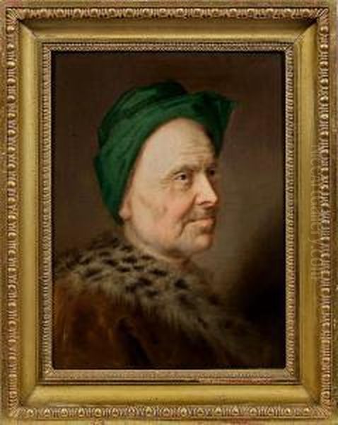 Brustportrait Einesalten Herren Mt Gruner Mutze Und Pelzmantel Oil Painting by Balthasar Denner