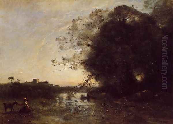 The Swamp by the Large Tree with a Goatherd Oil Painting by Jean-Baptiste-Camille Corot