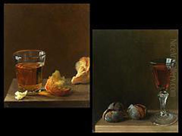 Glas Mit Weisswein Und Brot Und Rotweinpokal Mit Maroni Oil Painting by Balthasar Denner