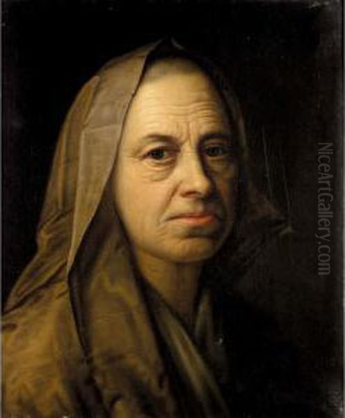 A Portrait Of An Elderly Lady, Head And Shoulders, Wearing A Headscarf Oil Painting by Balthasar Denner