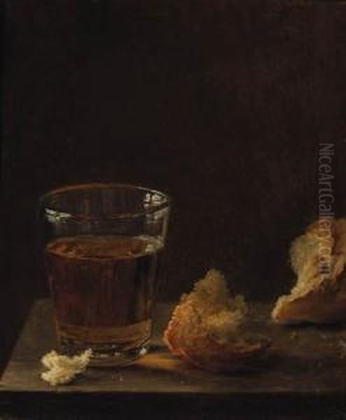 A Glass Of Beer And A Bread Roll On A Table; And A Glass Of Wine With Walnuts On A Table Oil Painting by Balthasar Denner