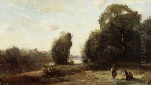 Field by a River Oil Painting by Jean-Baptiste-Camille Corot