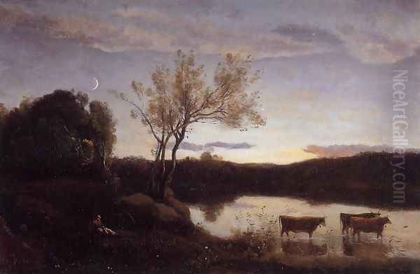 Pond with Three Cows and a Crescent Moon Oil Painting by Jean-Baptiste-Camille Corot