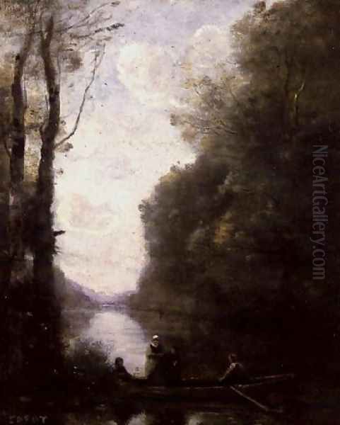 The Ferryman Leaving the Bank with Two Women, 1865 Oil Painting by Jean-Baptiste-Camille Corot