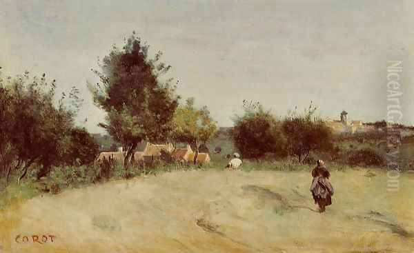 Field above the Village Oil Painting by Jean-Baptiste-Camille Corot