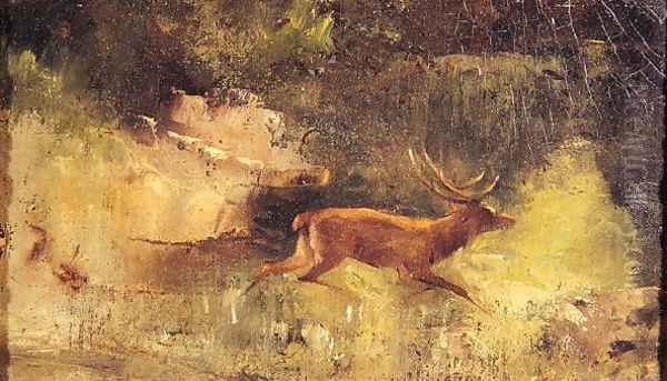 Stag Running through a Wood, c.1865 Oil Painting by Jean-Baptiste-Camille Corot