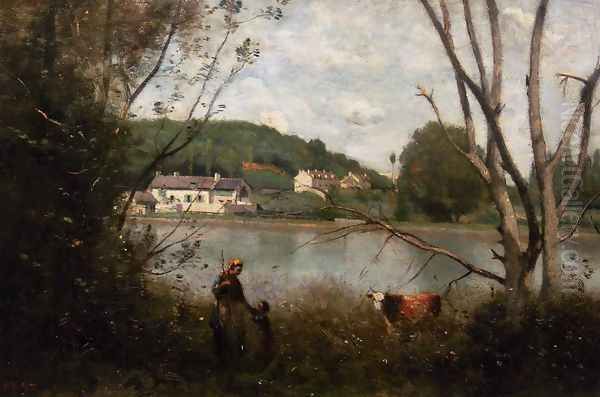 Cowherd and Her Child Oil Painting by Jean-Baptiste-Camille Corot