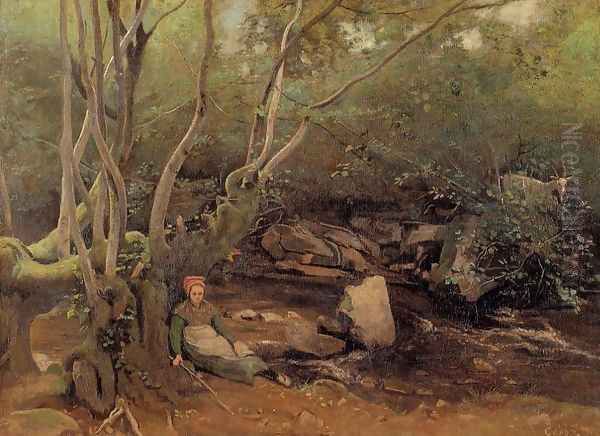 Lormes - Shepherdess Sitting under Trees beside a Stream Oil Painting by Jean-Baptiste-Camille Corot