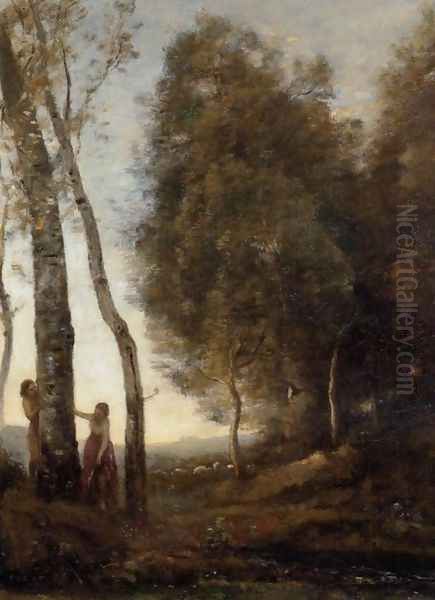 Shepherd and Shepherdess at Play Oil Painting by Jean-Baptiste-Camille Corot