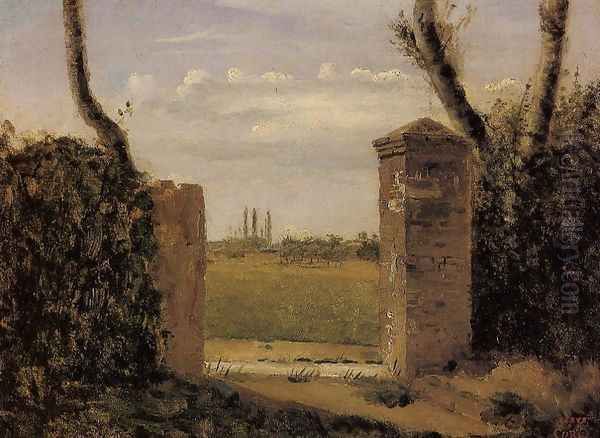 Boid-Guillaumi, near Rouen - A Gate Flanked by Two Posts Oil Painting by Jean-Baptiste-Camille Corot