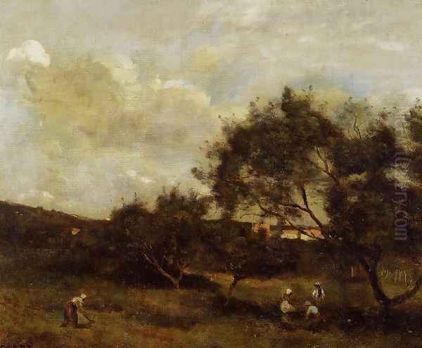 Peasants near a Village Oil Painting by Jean-Baptiste-Camille Corot