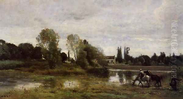 Ville d'Avray - The Horses Watering Place Oil Painting by Jean-Baptiste-Camille Corot