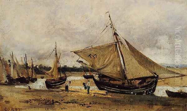 Fishing Boars Beached in the Chanel Oil Painting by Jean-Baptiste-Camille Corot