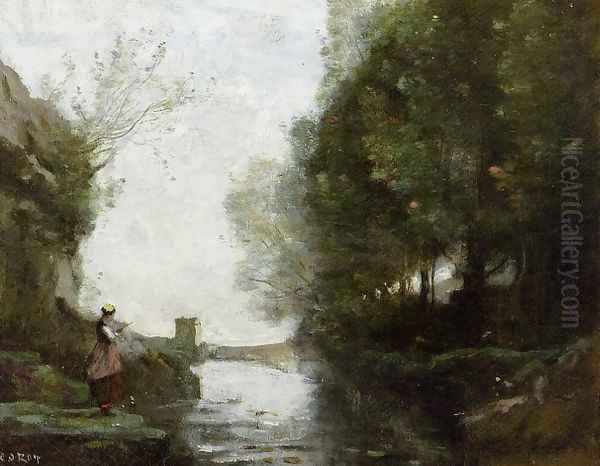 Le cours d'eau à la tour carrée (Watercourse leading to the square tower) Oil Painting by Jean-Baptiste-Camille Corot