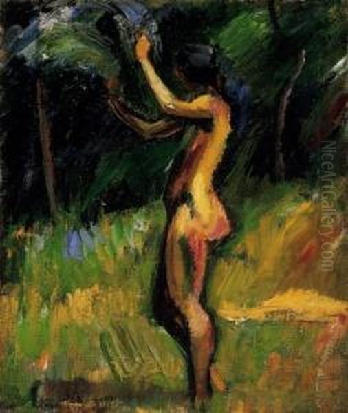 Nude In The Open Air, About 1919 Oil Painting by Gyula Derkovits