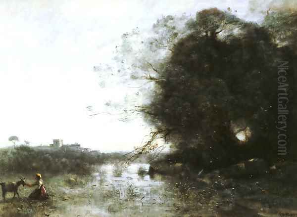 Le Marais Au Grand Arbre Et A La Chevriere Oil Painting by Jean-Baptiste-Camille Corot