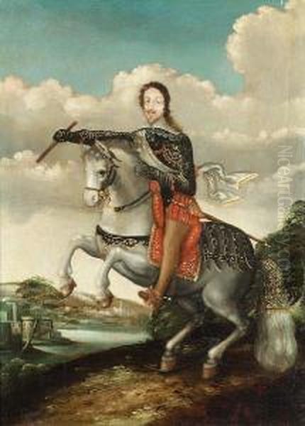 An Equestrian Portrait Of A Gentleman, Holding A Baton, A View To A Landscape Beyond Oil Painting by Claude Deruet