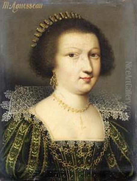 Portrait Of Madame D'anguesseau,
 Head And Shoulders, Wearing A Green Dress Embroidered With Gold And A 
White Ruff Oil Painting by Claude Deruet