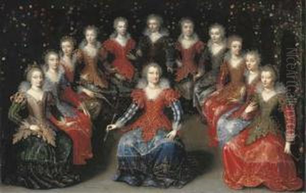 An Allegory Of Love (?): Twelve Noblewomen Seated In A Garden, Each Holding An Arrow Oil Painting by Claude Deruet