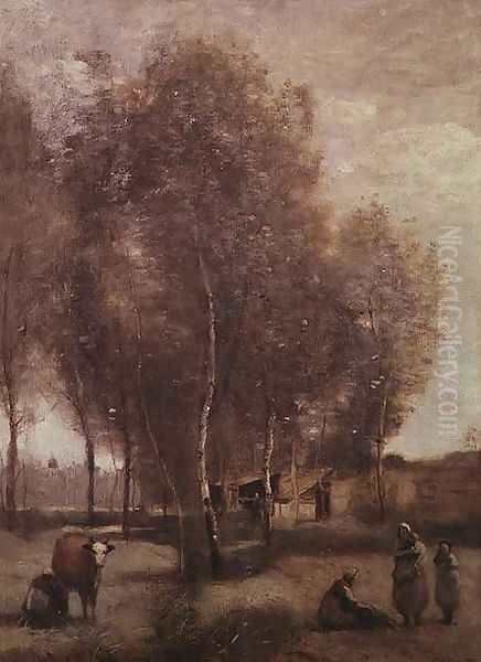 St.Catherine-les-Arras-Fields with trees and cottages Oil Painting by Jean-Baptiste-Camille Corot