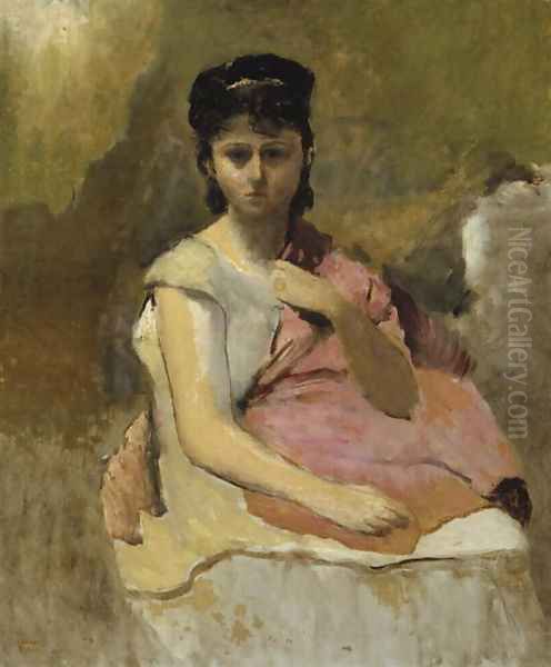 Woman with a Pink Shawl, c.1868 Oil Painting by Jean-Baptiste-Camille Corot