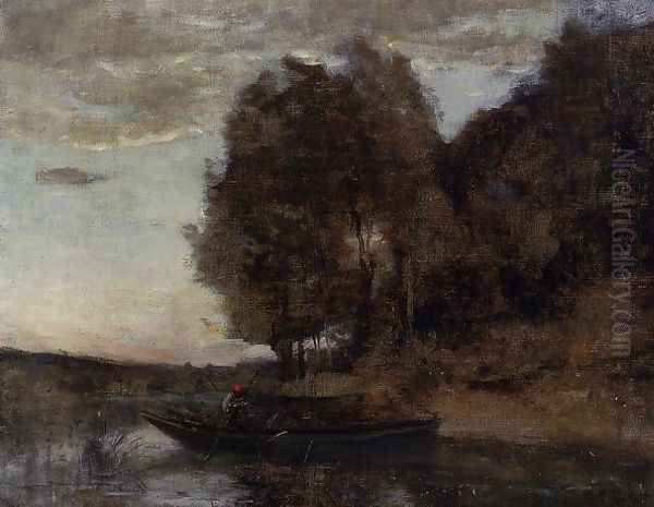 Fisherman Boating along a Wooded Landscape Oil Painting by Jean-Baptiste-Camille Corot