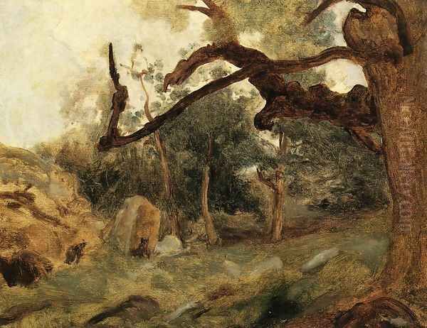 L'Arbre Tordu, Les Chenes du Mont Usey, Fontainebleau Oil Painting by Jean-Baptiste-Camille Corot