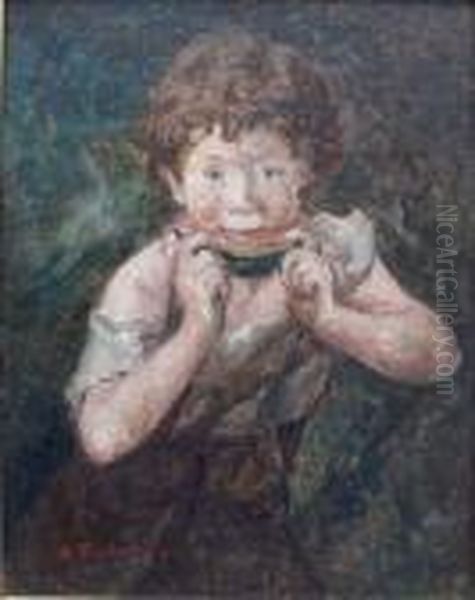 Enfant Mangeant Une Pasteque Oil Painting by Marcellin Desboutin