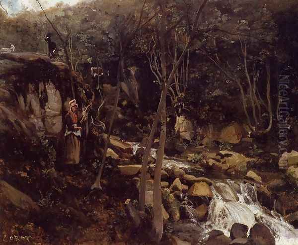 Lormes - A Waterfall with a Standing Peasant, Spinning Wool Oil Painting by Jean-Baptiste-Camille Corot