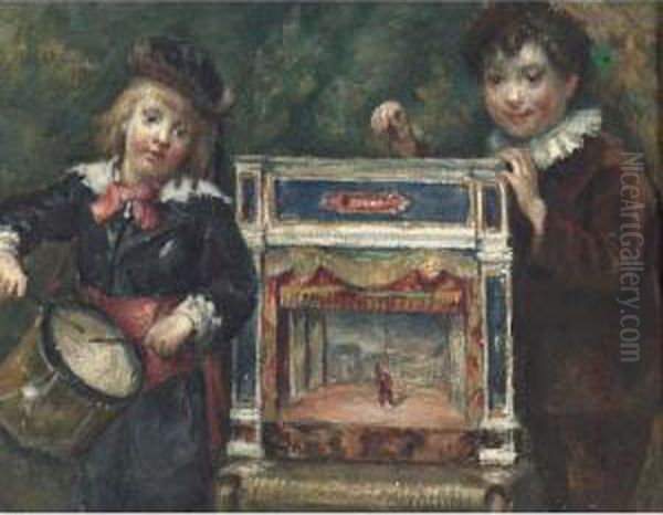 Portrait Of The Artist's Two Sons With Their Puppet Theatre Oil Painting by Marcellin Desboutin