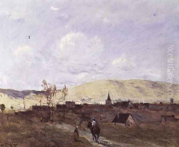 Cavalier in sight of a Village, 1872 Oil Painting by Jean-Baptiste-Camille Corot