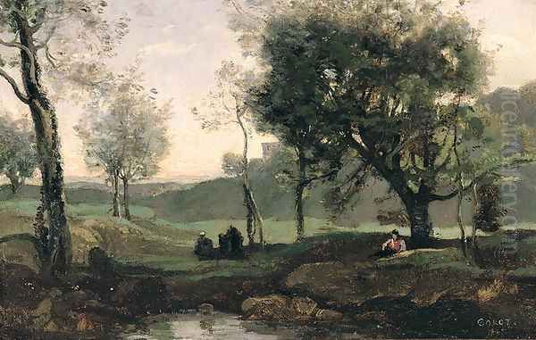 Sunset- Figures Under Trees Oil Painting by Jean-Baptiste-Camille Corot