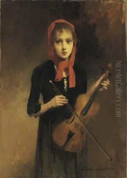 A Young Girl Holding A Violin Oil Painting by Louis Henri Deschamps