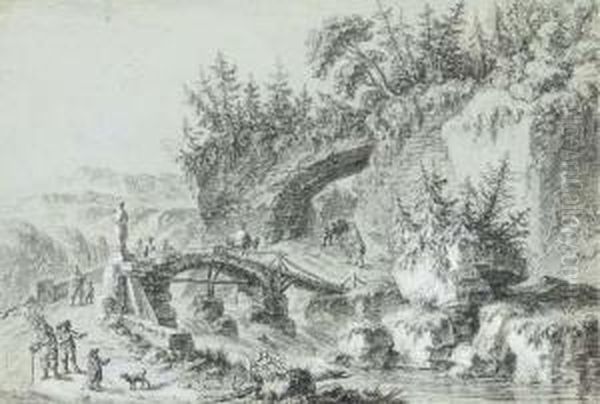 Un Paysage Montagneux Avec Une Riviere Et Des Promeneurs Traversant Un Pont Oil Painting by Aignan-Thomas Desfriches