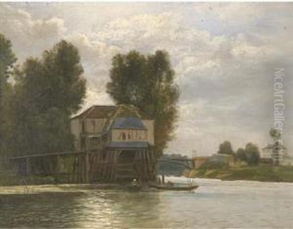 Barques De Pecheurs Sur Un Fleuve Oil Painting by Charles-Felix-Edouard Deshayes