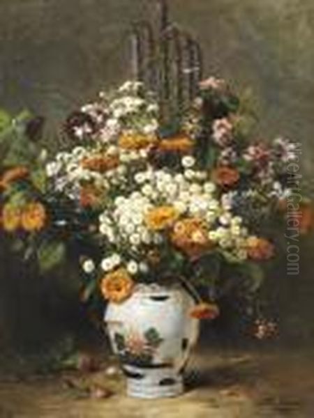 Bouquet D'asters Et De Soucis Dans Un Vase Chinois Oil Painting by Charles-Felix-Edouard Deshayes