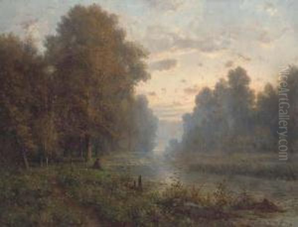 Angling At Dusk Oil Painting by Charles-Felix-Edouard Deshayes