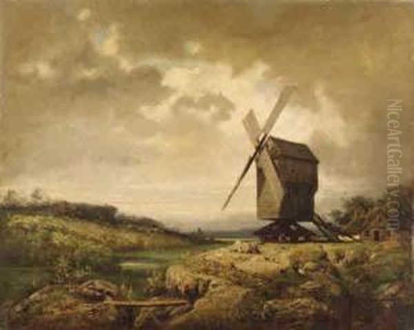 Windmill Near Paris Oil Painting by Charles-Felix-Edouard Deshayes