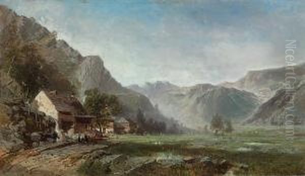 An Alpine Village Oil Painting by Eugene Deshayes