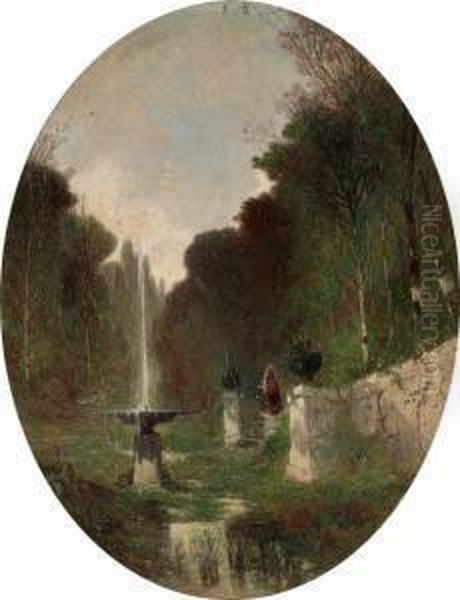 Pair Of Romantic Landscapes With Fountain And Windmill (oval Formal) Oil Painting by Eugene Deshayes