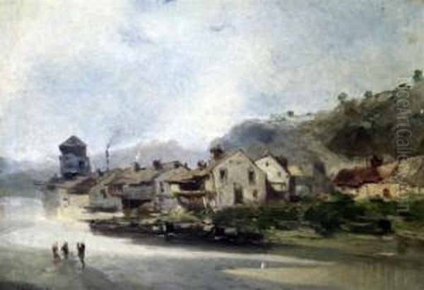 Riverside Town Oil Painting by Eugene Deshayes