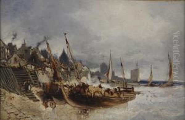 Bateaux De Peche A Quai Oil Painting by Eugene Deshayes